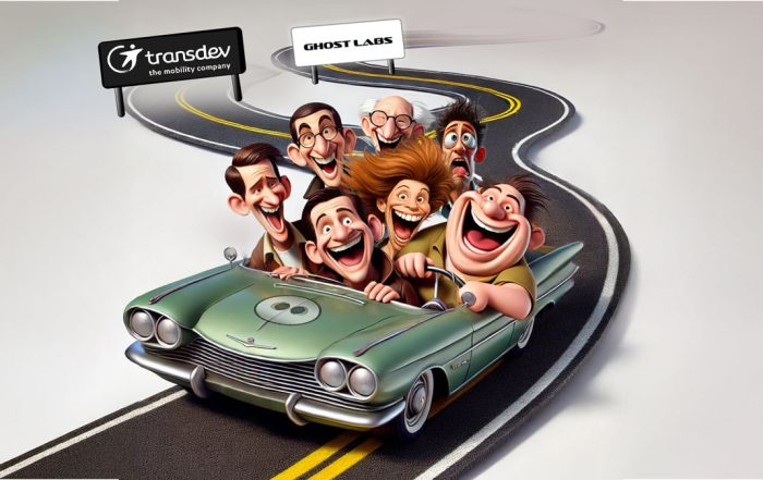 Humorous illustration of a group riding together in a green car on a winding road, symbolizing Transdev's continued journey with Ghost Nodes.