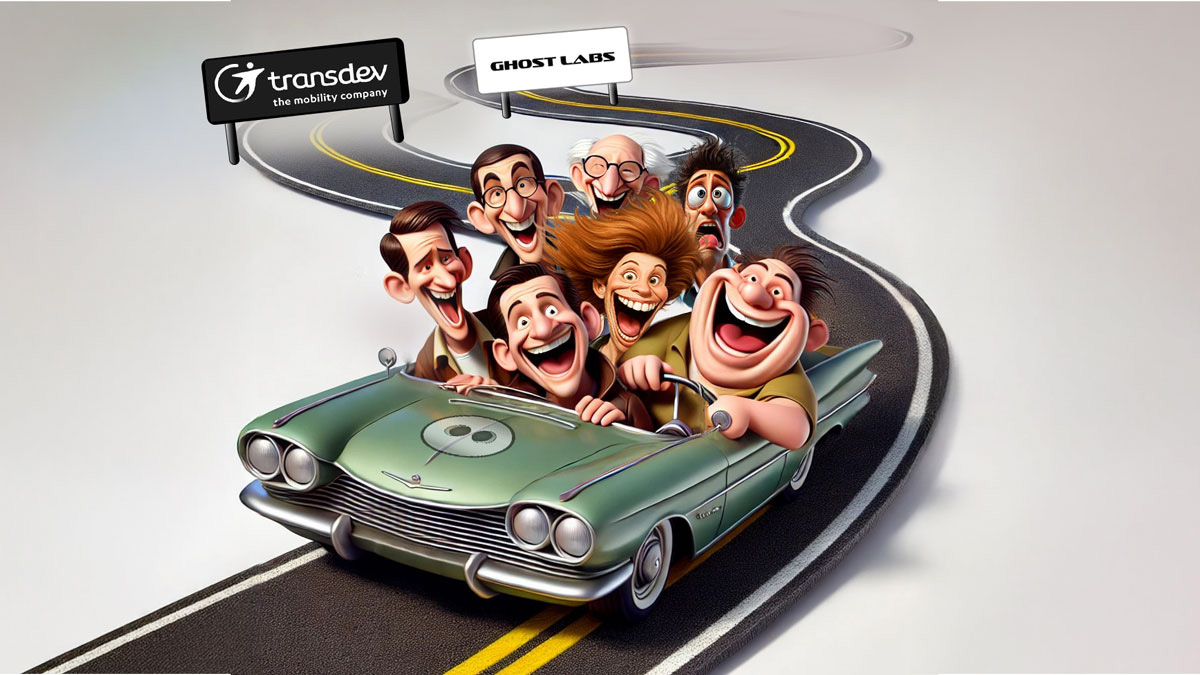 Humorous illustration of a group riding together in a green car on a winding road, symbolizing Transdev's continued journey with Ghost Nodes.
