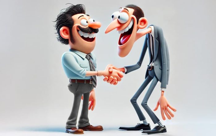 Illustration of two cheerful cartoon men shaking hands, symbolizing a strategic partnership"