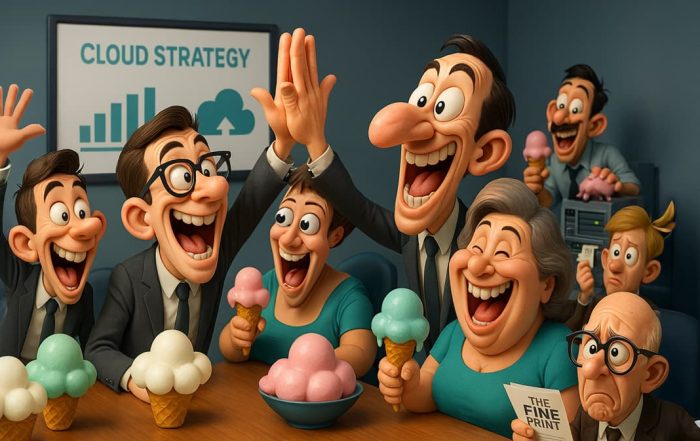Cartoon-style illustration of excited businesspeople celebrating a cloud strategy with ice cream, while one character reads “The Fine Print” – hinting at overlooked dependencies and questions of digital sovereignty in cloud-first adoption.