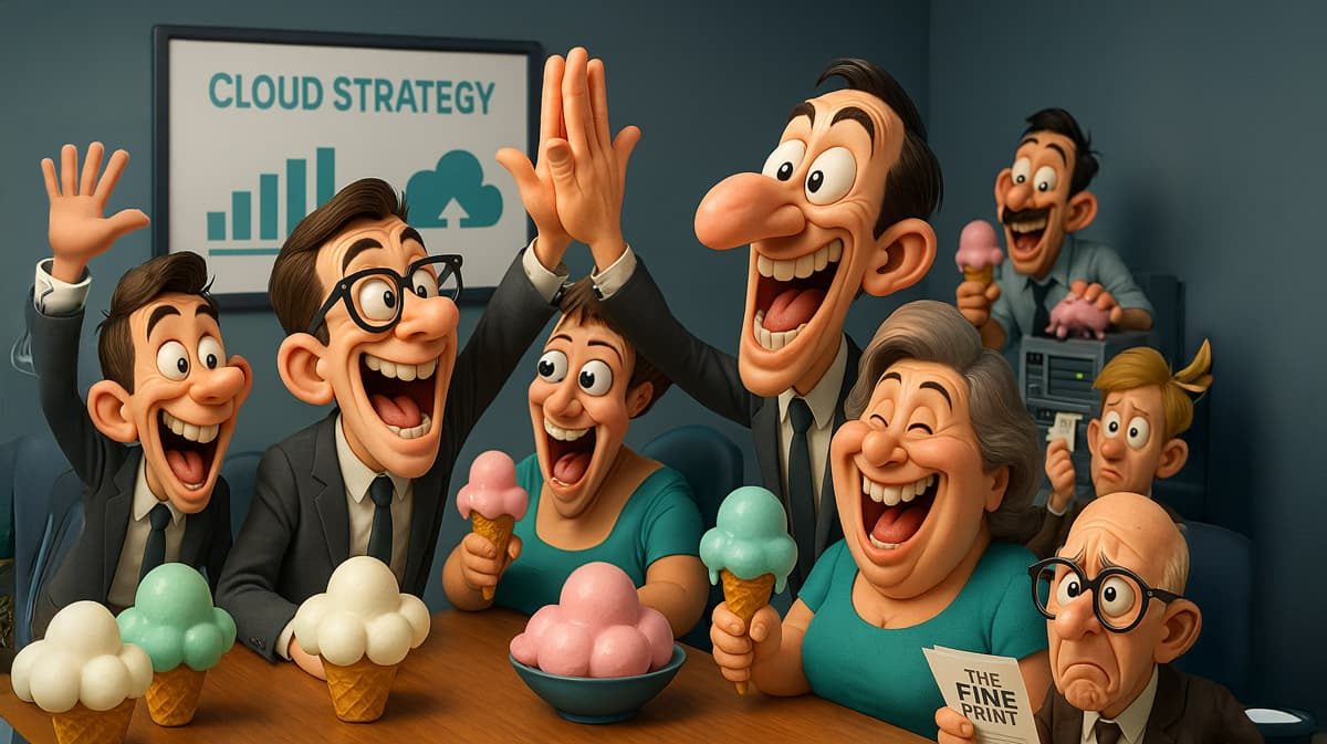 Cartoon-style illustration of excited businesspeople celebrating a cloud strategy with ice cream, while one character reads “The Fine Print” – hinting at overlooked dependencies and questions of digital sovereignty in cloud-first adoption.