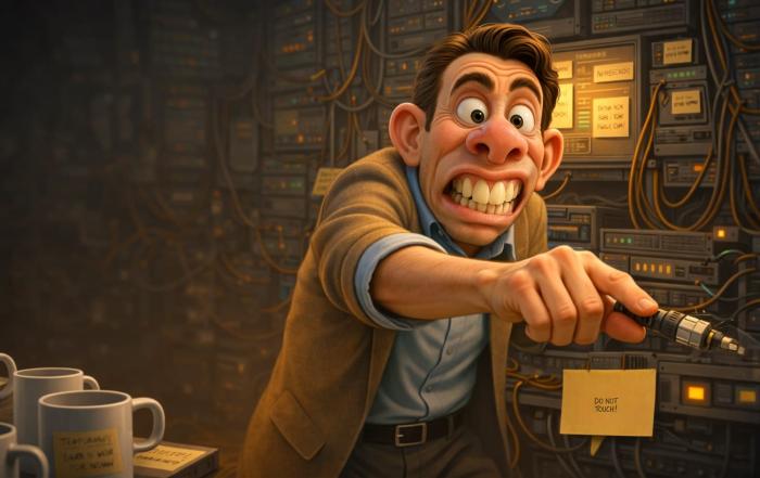 Stressed technician in a tangled legacy server room pointing at equipment marked “Do not touch”