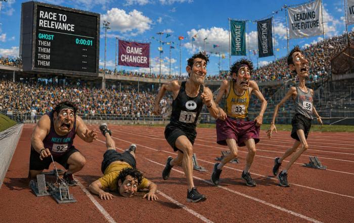 A humorous 3D cartoon race where exaggerated tech-company runners struggle immediately after the start while the Ghost runner is the only one gaining momentum.