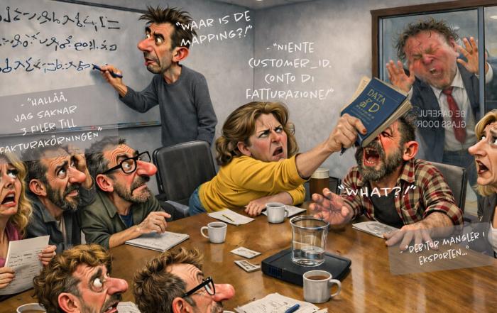 Caricatured illustration of a chaotic conference room where people shout in different languages, symbolizing IT systems in an integration that exchange data but do not share the same meaning.