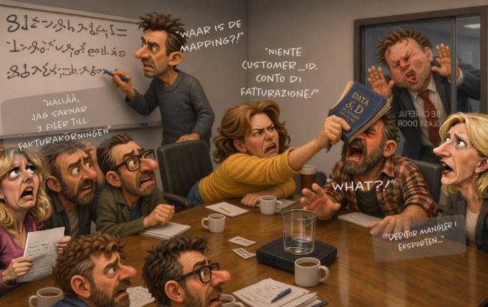 Caricatured illustration of a chaotic conference room where people shout in different languages, symbolizing IT systems in an integration that exchange data but do not share the same meaning.