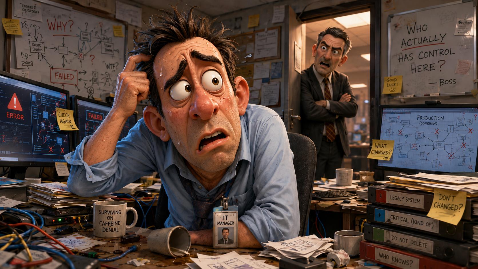A Ghost-style caricature showing the awkward moment when someone realises they do not fully control a critical platform environment