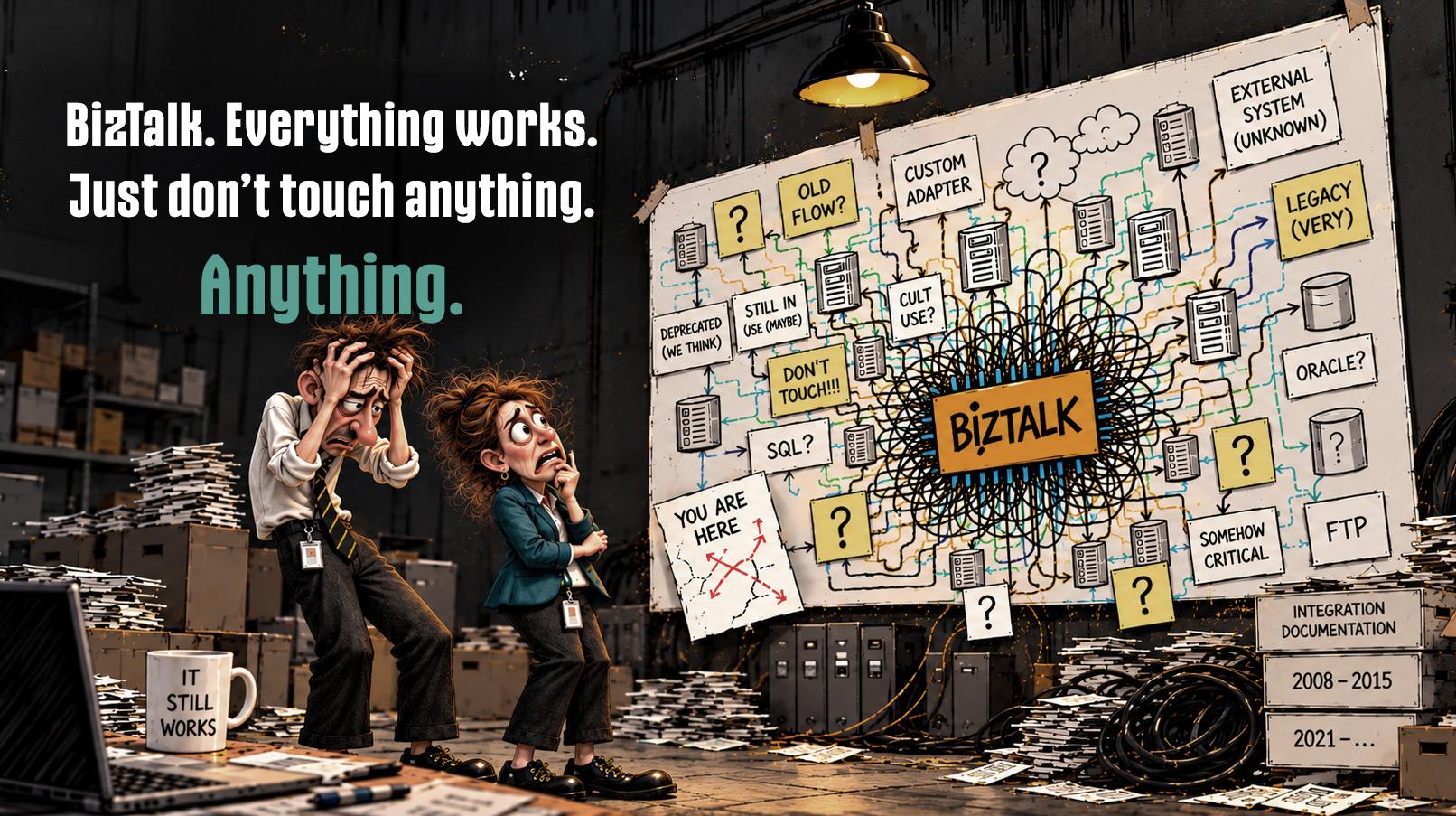 Illustration of a complex BizTalk integration environment with two overwhelmed IT professionals and the headline “BizTalk. Everything works. Just don't touch anything. Anything